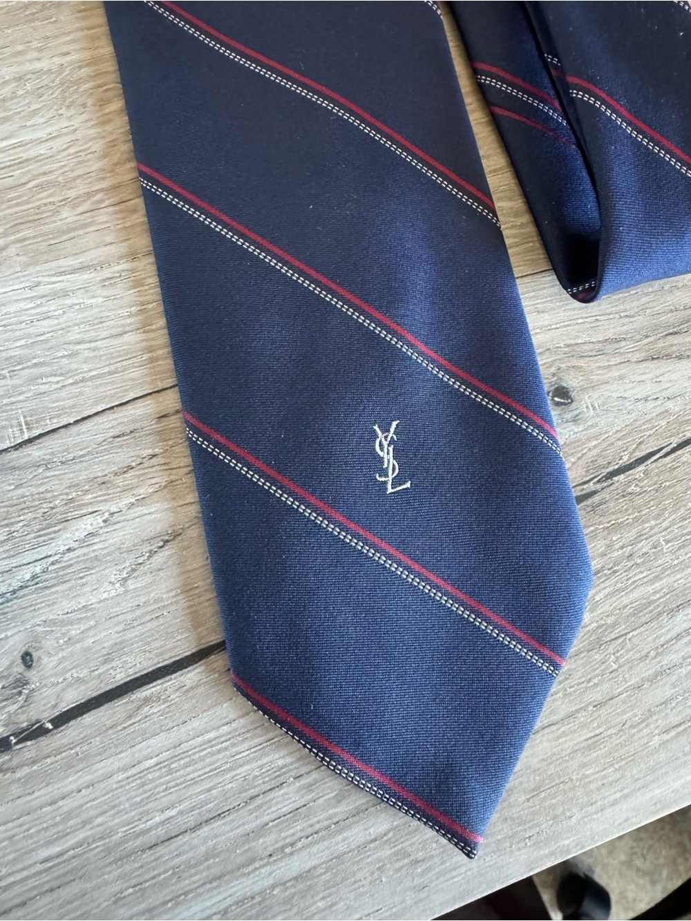 Yves Saint Laurent Vintage Navy Silk Tie with Red and White Stripes